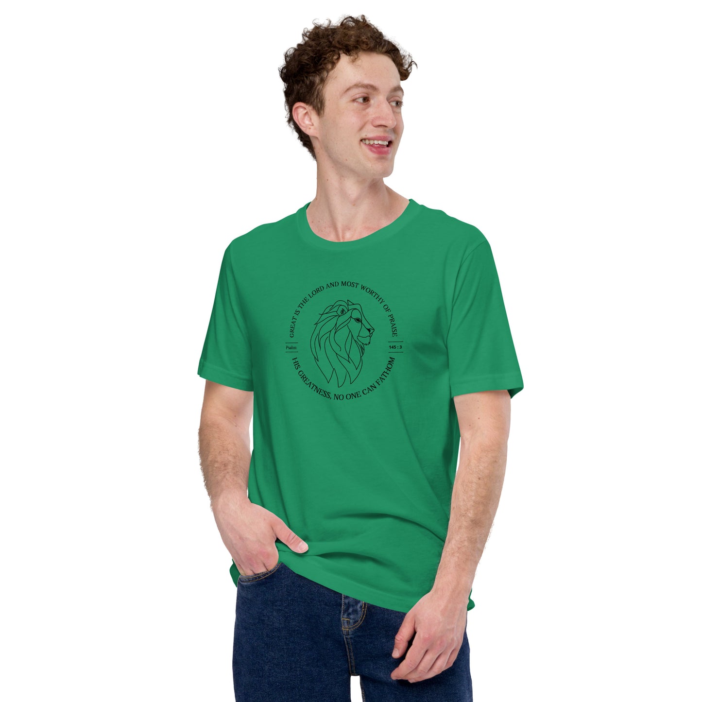 Man wearing a green t-shirt with a lion graphic and text on a white background