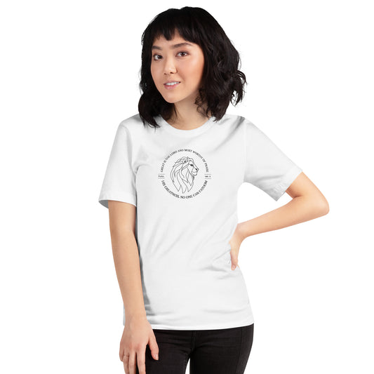 Person wearing a white t-shirt with a graphic design on a white background