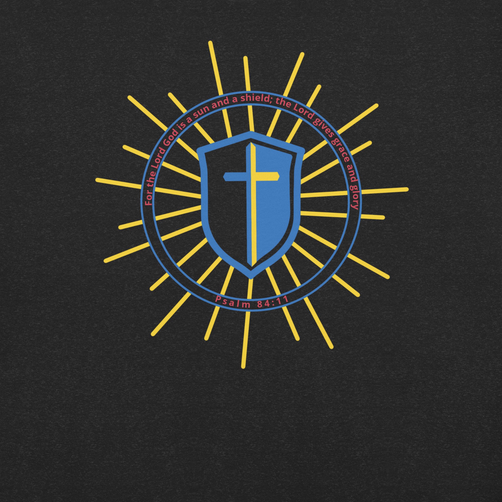 Emblem with blue shield and cross on a black background